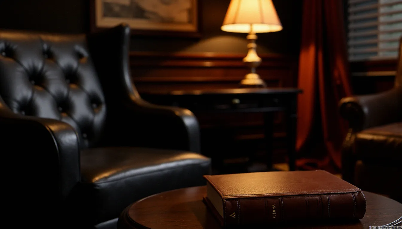 Fauteuil en cuir dans une pièce tamisée évoquant l'univers des bdsm rencontres et de l'accompagnement psychologique