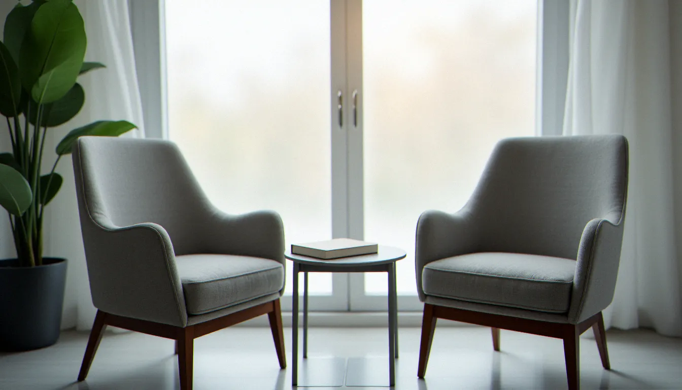 Bureau de consultation minimaliste avec deux fauteuils face à face, illustrant l'accompagnement professionnel proposé en complément des bdsm sites