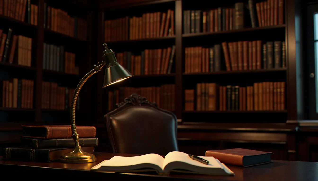 Bibliothèque élégante avec livres reliés et lampe de bureau, évoquant l'univers intellectuel des bdsm sites et de leur approche psychologique