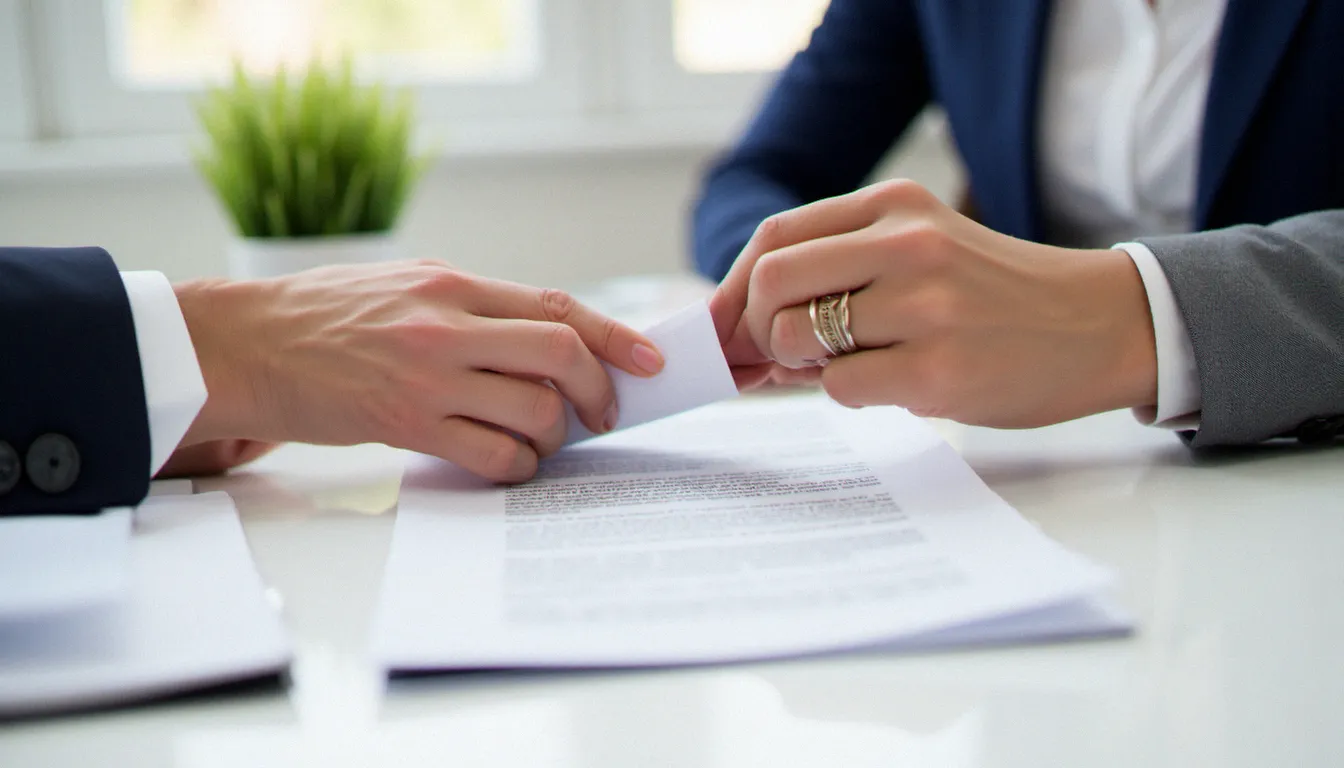 Deux mains échangeant un document signé sur une table, symbolisant la négociation et le consentement au cœur de toute rencontre BDSM