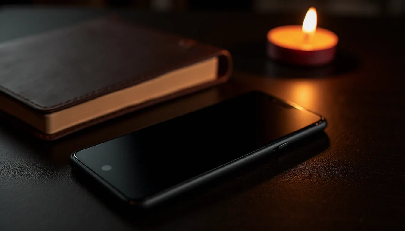 Smartphone et journal en cuir sur un bureau sombre à la lumière d'une bougie, évoquant la rencontre BDSM à distance et la communication sécurisée en ligne