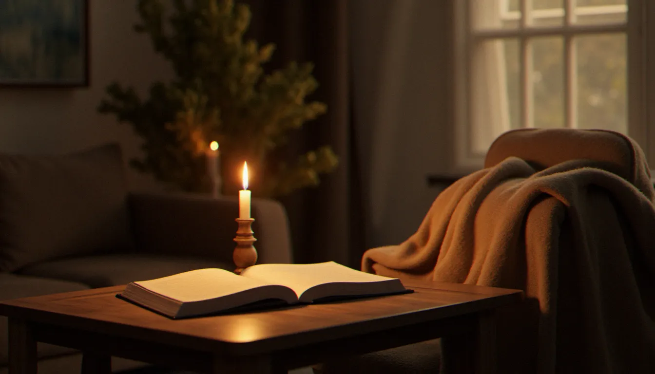 Espace de soin post-séance avec bougie, journal et couverture, illustrant le aftercare essentiel après une rencontre domina
