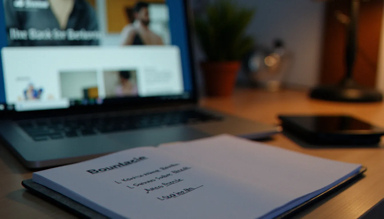 Bureau minimaliste avec ordinateur portable affichant une interface web floue et carnet de notes personnel, illustrant la démarche réfléchie pour débuter sur un site BDSM