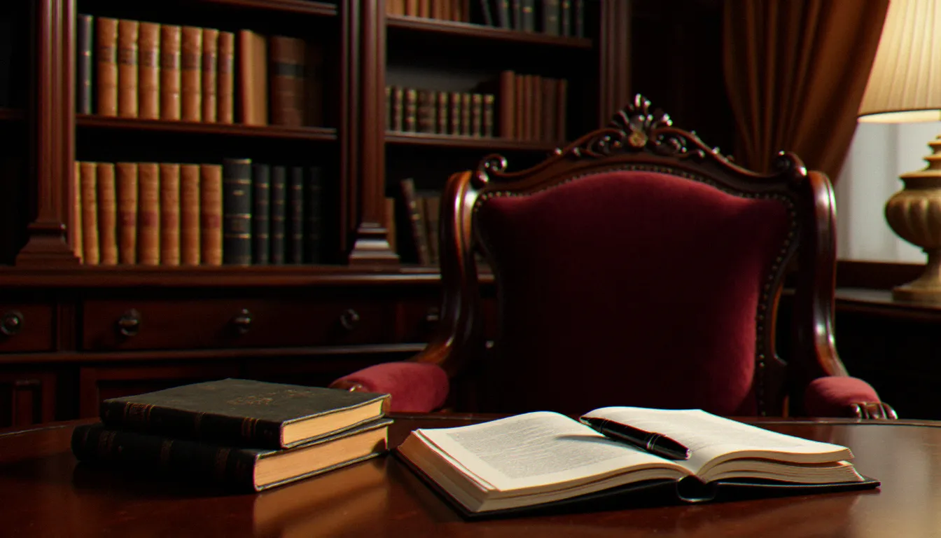 Bibliothèque privée intimiste avec fauteuil en cuir et bureau ancien, illustrant l'univers d'un site BDSM axé sur la psychologie et l'accompagnement professionnel