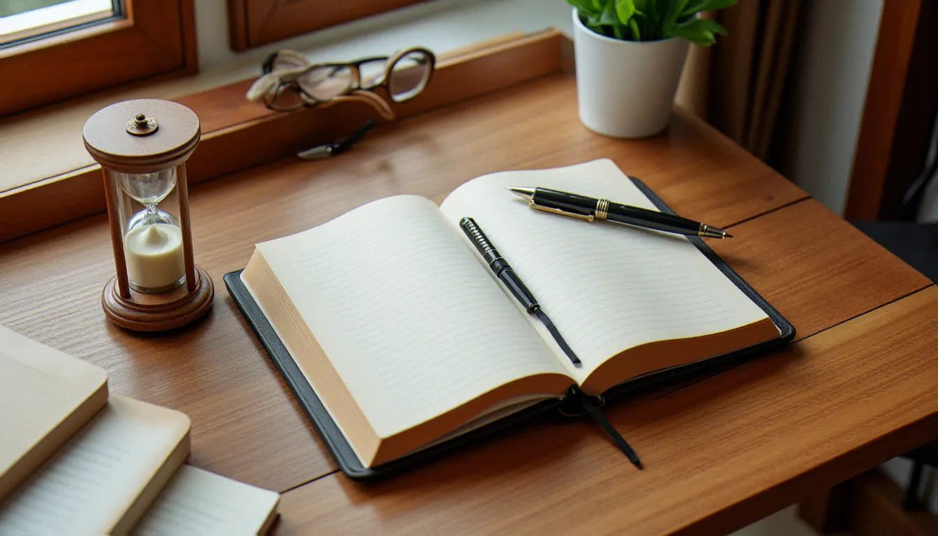 Bureau avec journal et plume évoquant le protocole de consultation et d'entretien préalable d'une dominatrice professionnelle