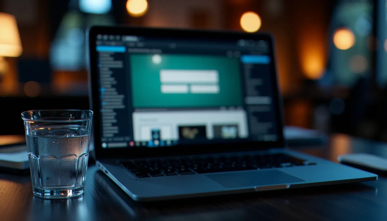 Ordinateur portable avec site web flouté sur un bureau en bois sombre, illustrant la consultation d'un site de dominatrice en ligne