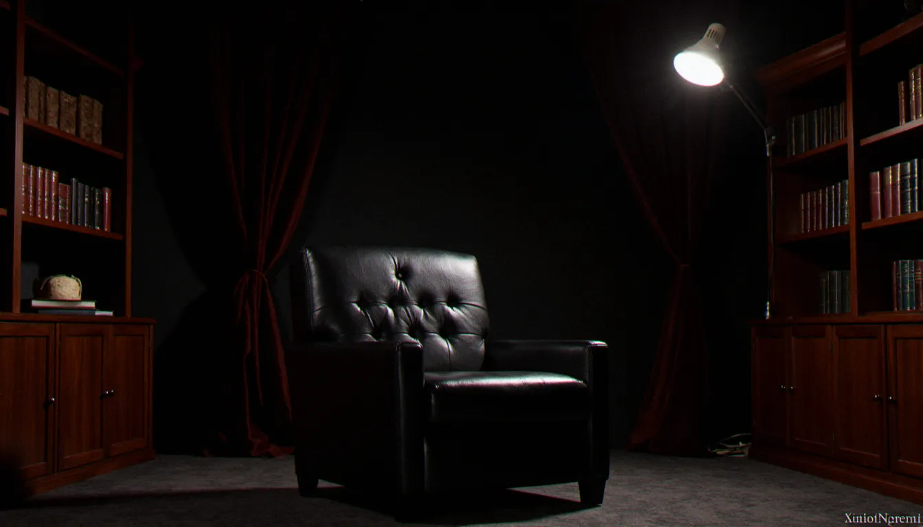 Fauteuil en cuir noir dans une pièce sobrement éclairée évoquant l'univers d'un site de dominatrice professionnelle