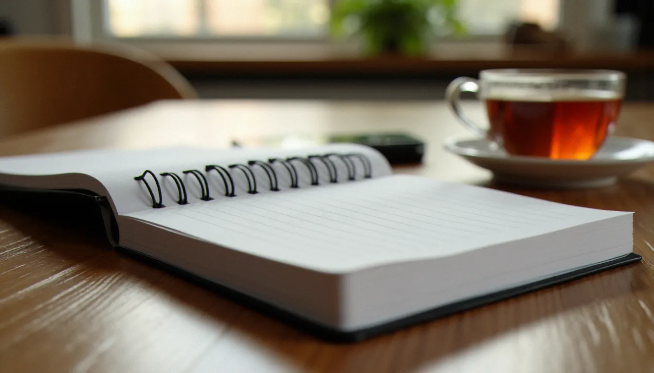 Carnet et smartphone posés sur une table en bois, évoquant la réflexion avant de s'inscrire sur une plateforme de rencontre spécialisée