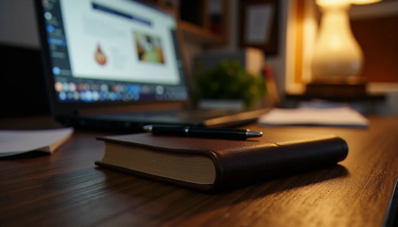 Bureau minimaliste avec journal en cuir et écran flou illustrant la recherche d'un site de rencontre BDSM en ligne