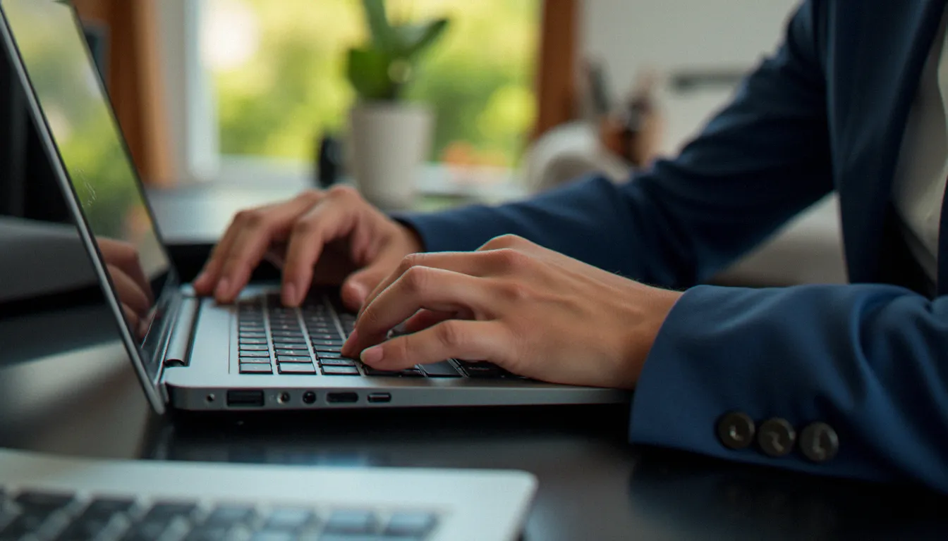 Mains tapant sur un clavier d'ordinateur portable, illustrant la navigation sur les sites BDSM et plateformes communautaires