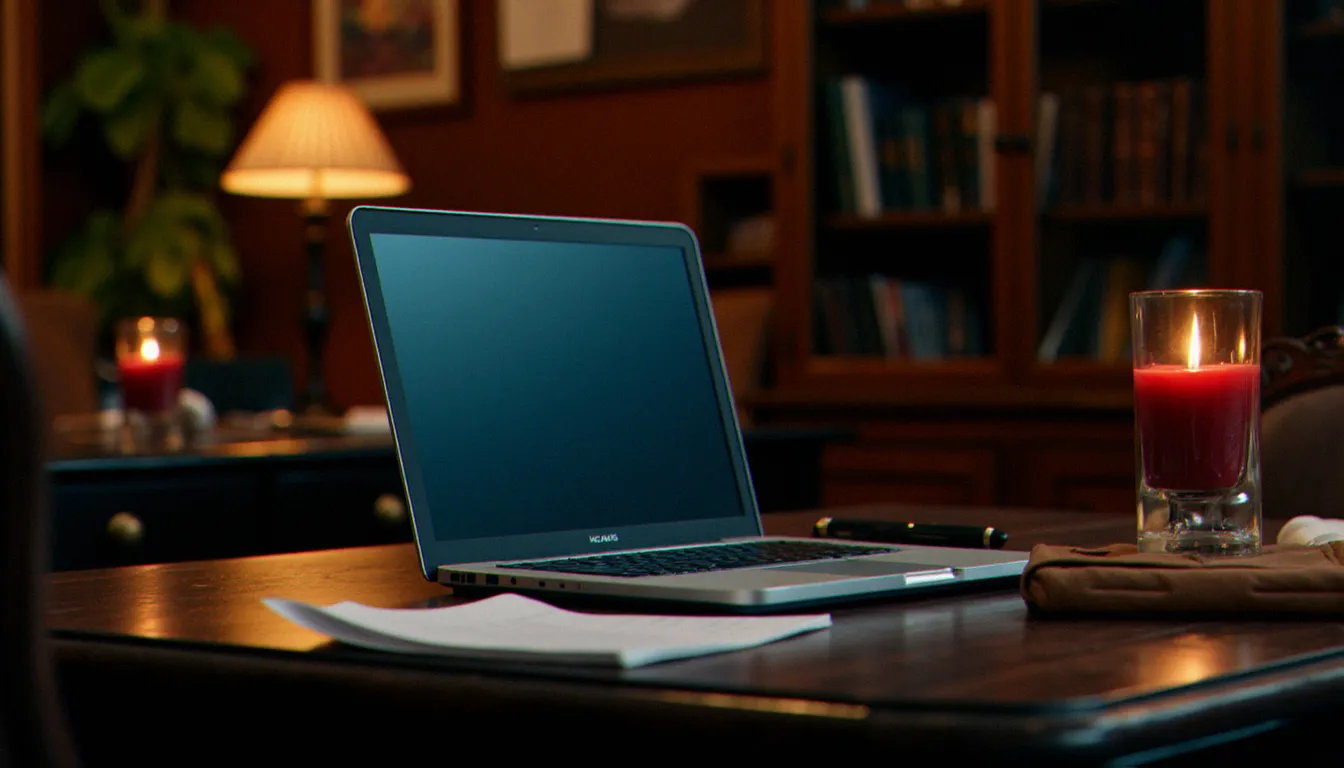 Bureau en bois avec ordinateur portable fermé et carnet, évoquant la recherche et l'exploration de sites BDSM en ligne