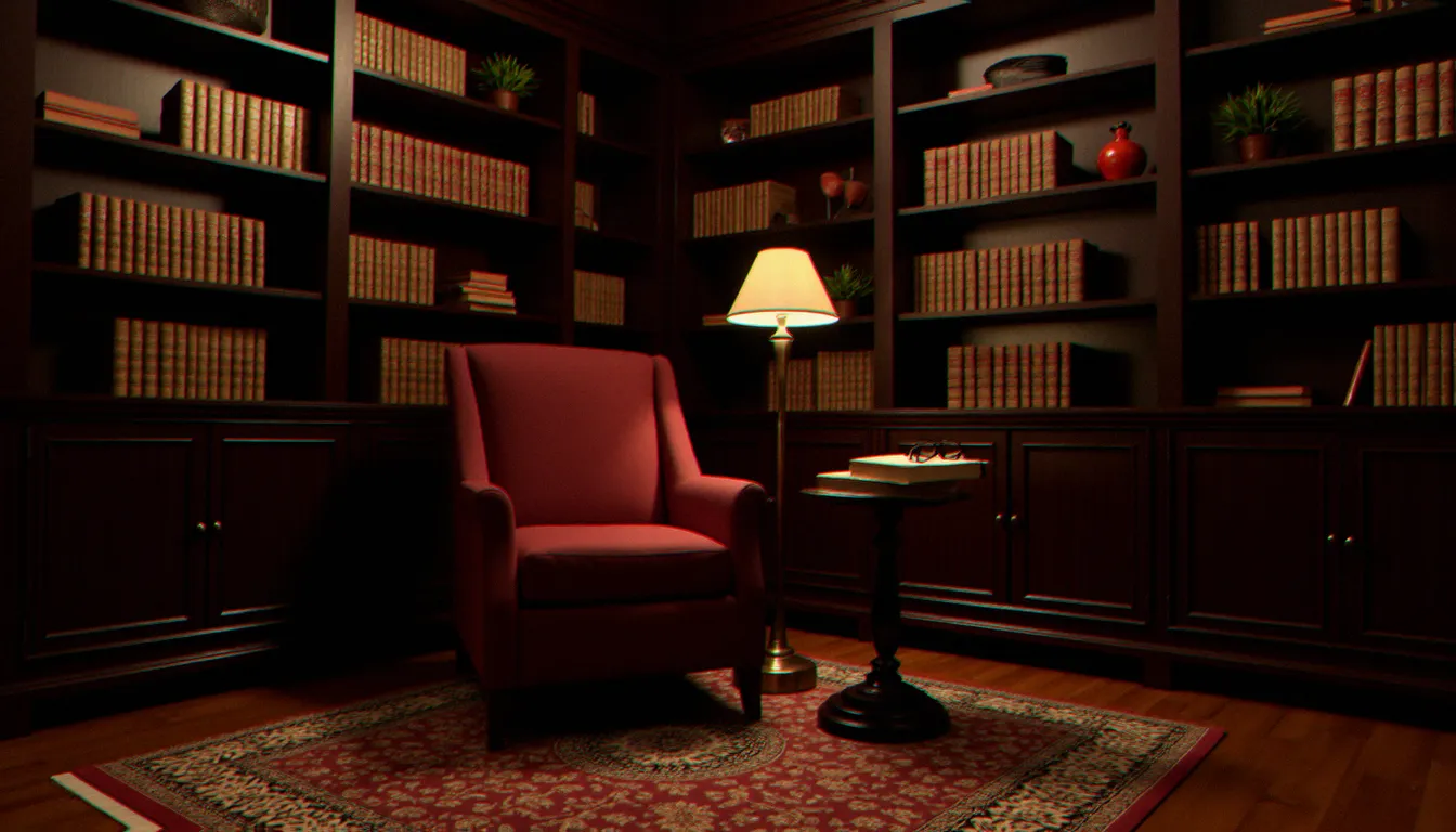 Bibliothèque intime avec fauteuil en velours bordeaux et lampe dorée, évoquant un espace de réflexion et d'apprentissage autour des pratiques BDSM