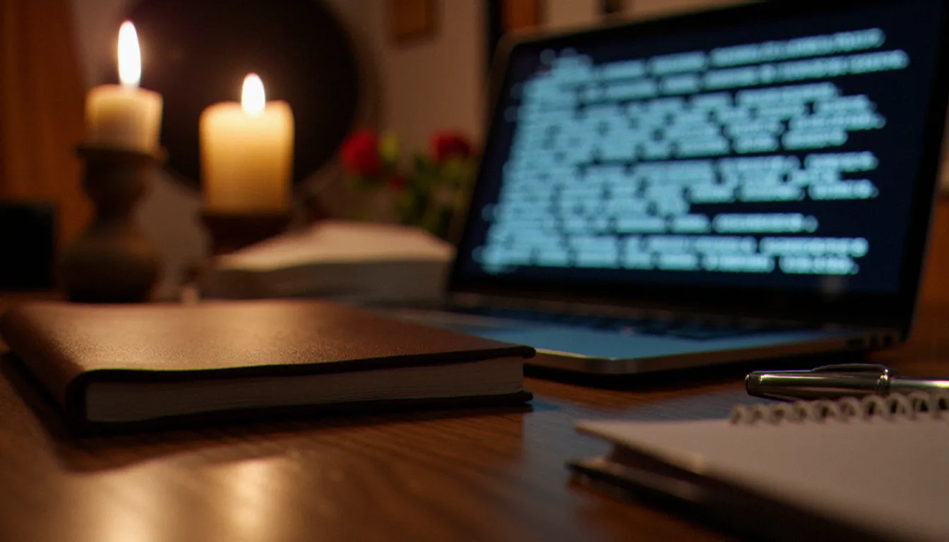Bureau épuré avec un ordinateur portable ouvert affichant une interface floue, évoquant la rédaction d'une annonce BDSM en ligne