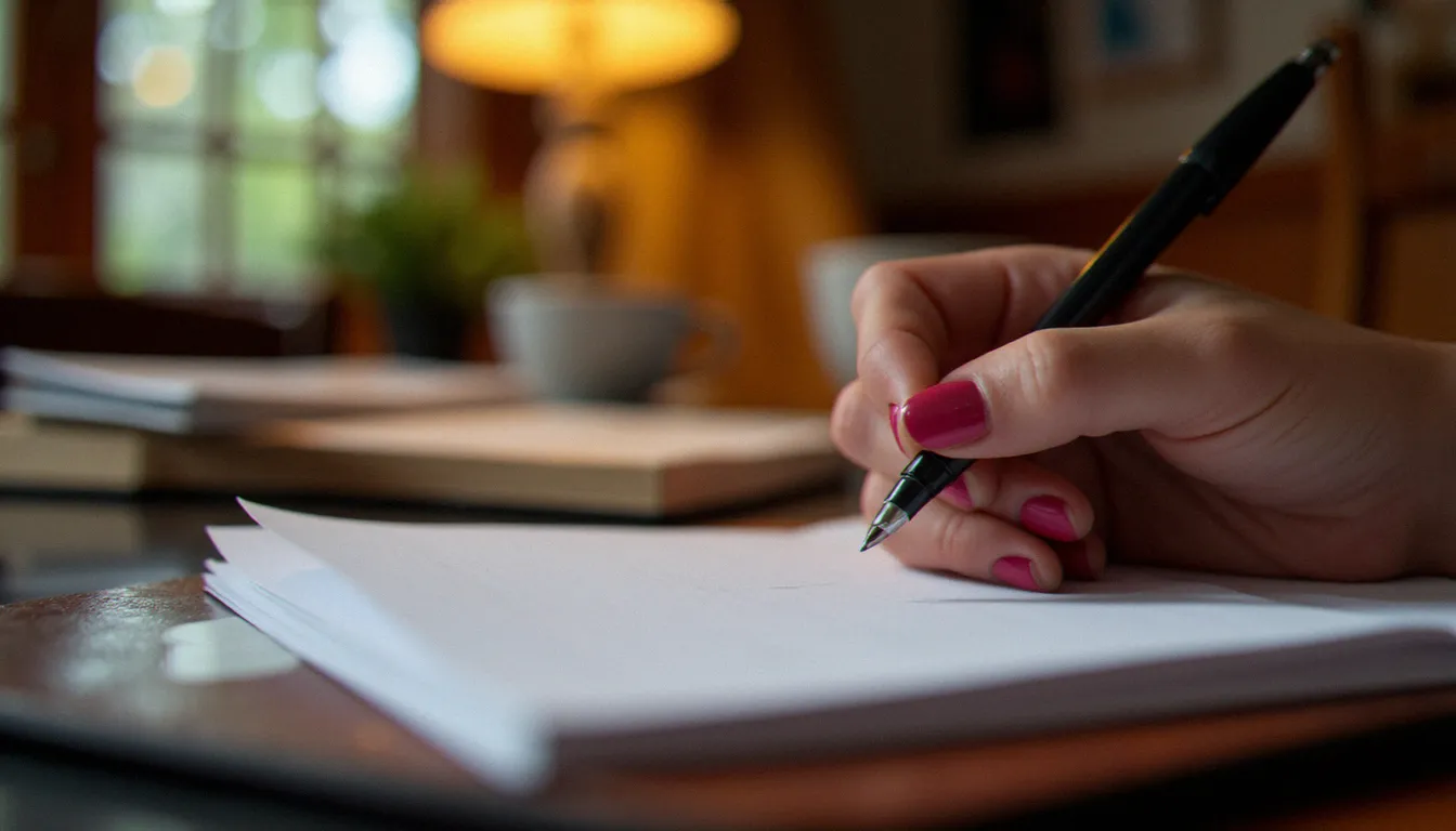 Main féminine rédigeant des notes dans un carnet en cuir, symbolisant la rédaction réfléchie d'une annonce domination dans un cadre structuré