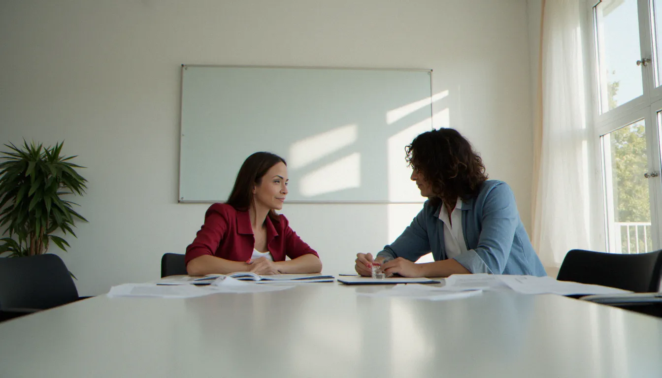 Entretien préalable entre deux adultes dans un cadre professionnel neutre, illustrant la phase de consentement éclairé avant une relation de domination