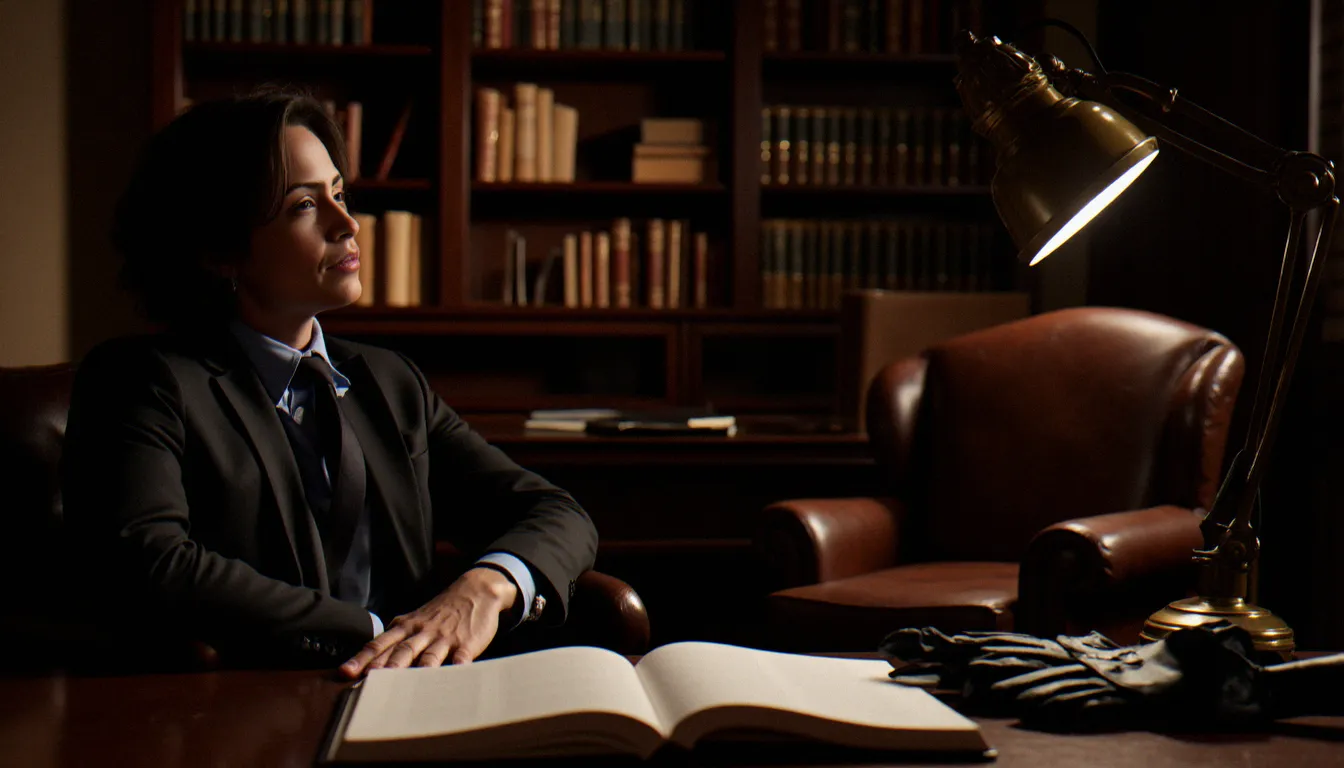 Bureau élégant évoquant l'univers de la domination psychologique avec un fauteuil en cuir et des livres de psychologie, en lien avec les annonces domination