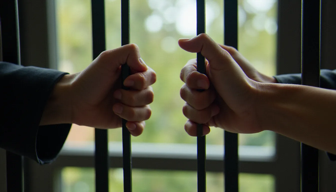Deux mains de part et d'autre des barreaux d'une cage métallique, symbolisant la dynamique de confiance dans une pratique bdsm consentie