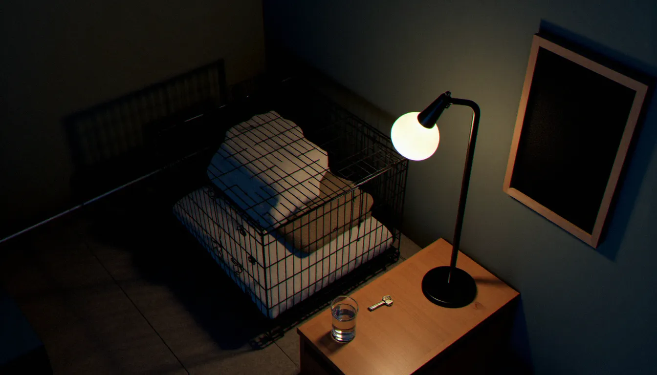 Vue en plongée d'une cage en acier dans un coin de pièce avec une couverture pliée, un verre d'eau et une clé posés à côté, illustrant les règles de sécurité autour d'une bdsm cage