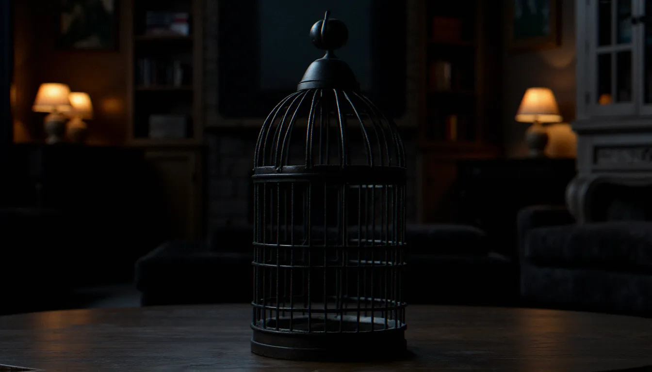 Une cage en métal noir fermée dans une pièce sobre et éclairée à la bougie, symbolisant une bdsm cage dans un contexte de pratique consentie