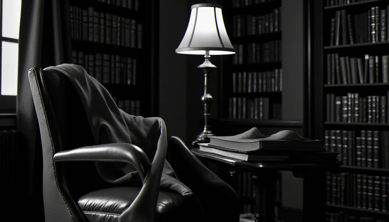 Bibliothèque élégante avec fauteuil en cuir et ruban de soie, évoquant l'univers du BDSM français sous un angle cérébral et littéraire