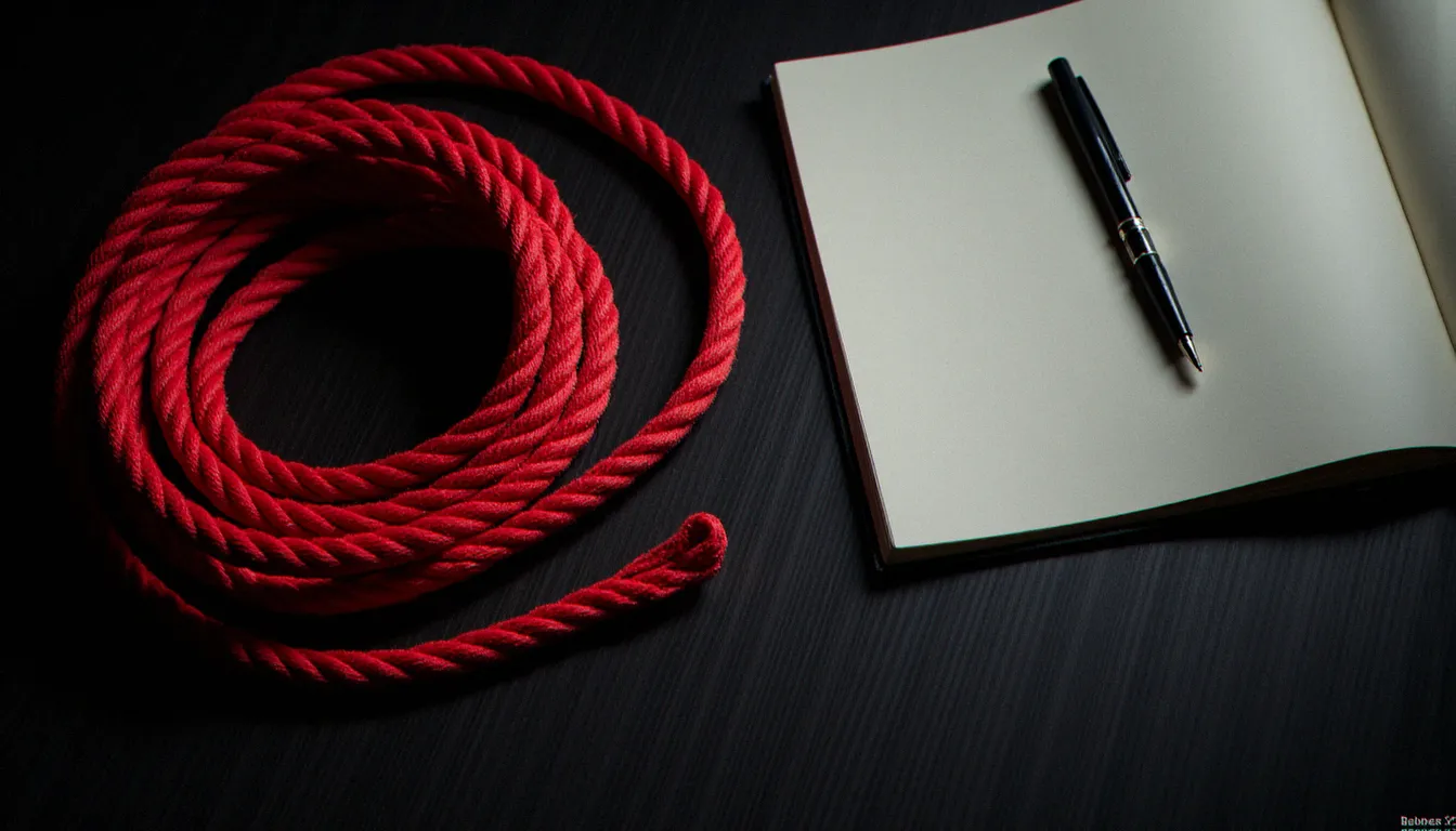 Corde rouge soigneusement enroulée sur une surface en bois sombre, symbolisant les pratiques de bondage dans l'univers BDSM français
