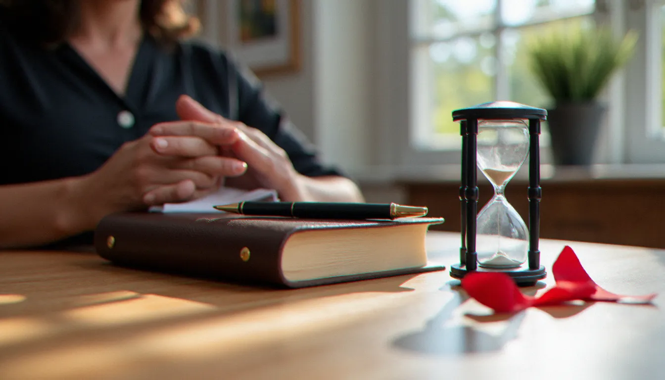 Journal relié en cuir et ruban rouge sur un bureau, évoquant l'univers BDSM gratuit sous un angle éducatif et élégant