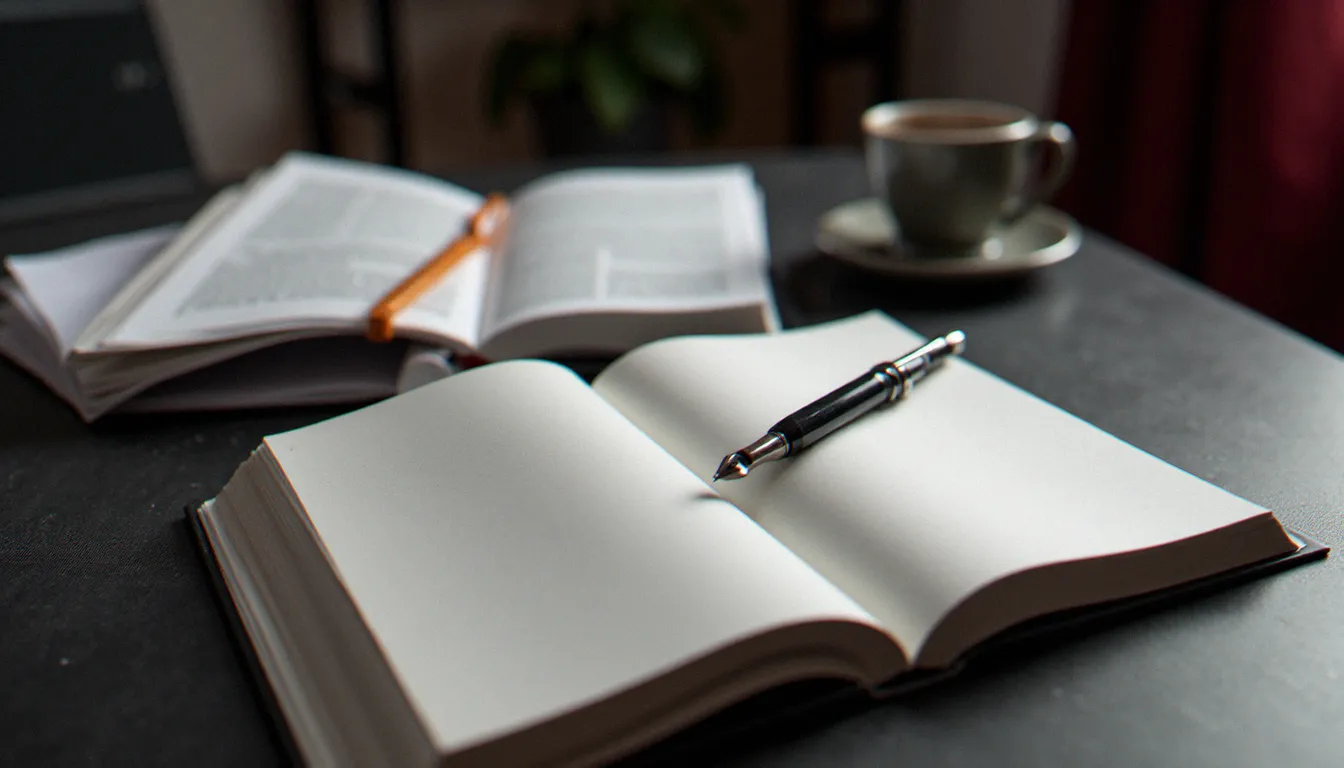 Bureau d'écriture épuré avec journal ouvert et stylo plume, illustrant la pratique narrative dans l'exploration BDSM
