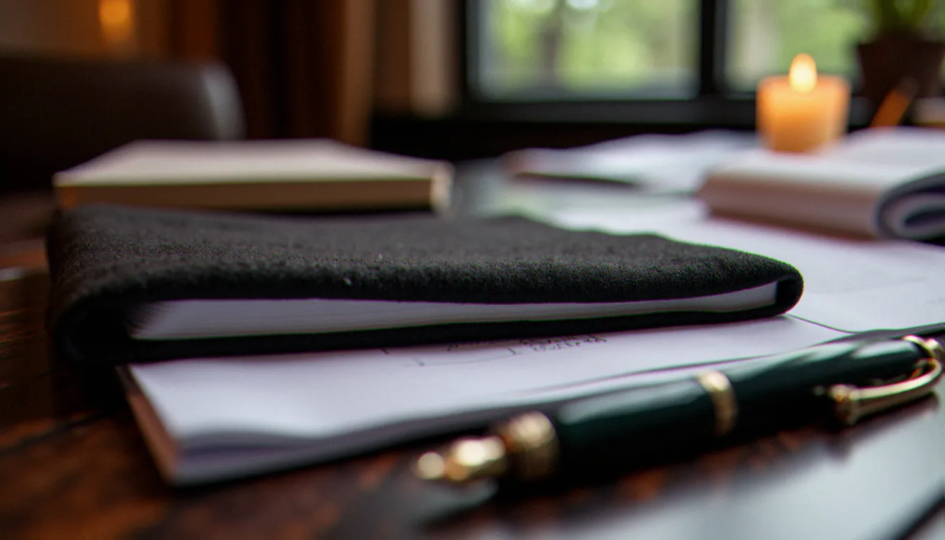 Carnet et plume sur bureau en bois sombre symbolisant la négociation et le protocole avant une séance de domination consentie