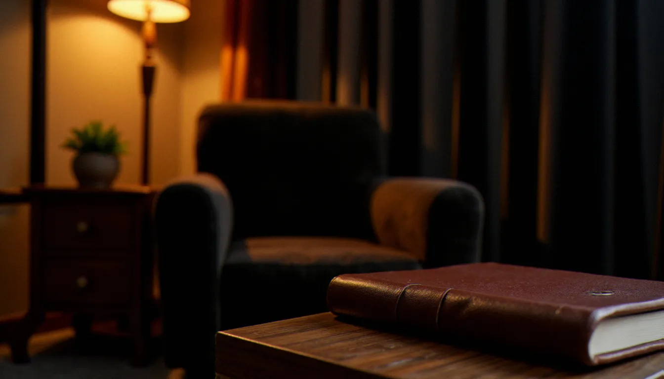 Espace de consultation intimiste symbolisant la relation entre une dominatrice et un soumis, avec fauteuil et journal en cuir sous lumière tamisée