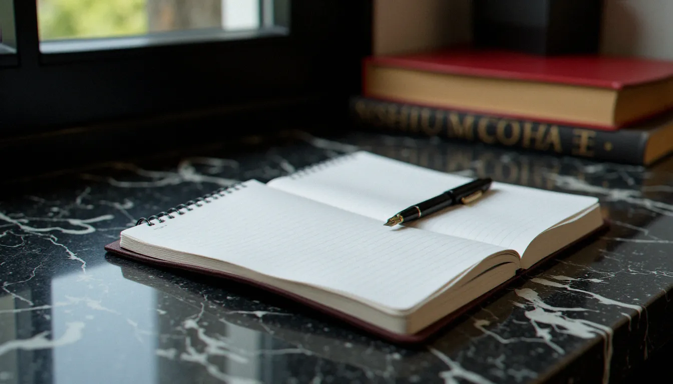 Carnet ouvert avec stylo plume et livres de psychologie sur une table en marbre sombre, symbolisant le cadre éthique et professionnel de la domination consentie