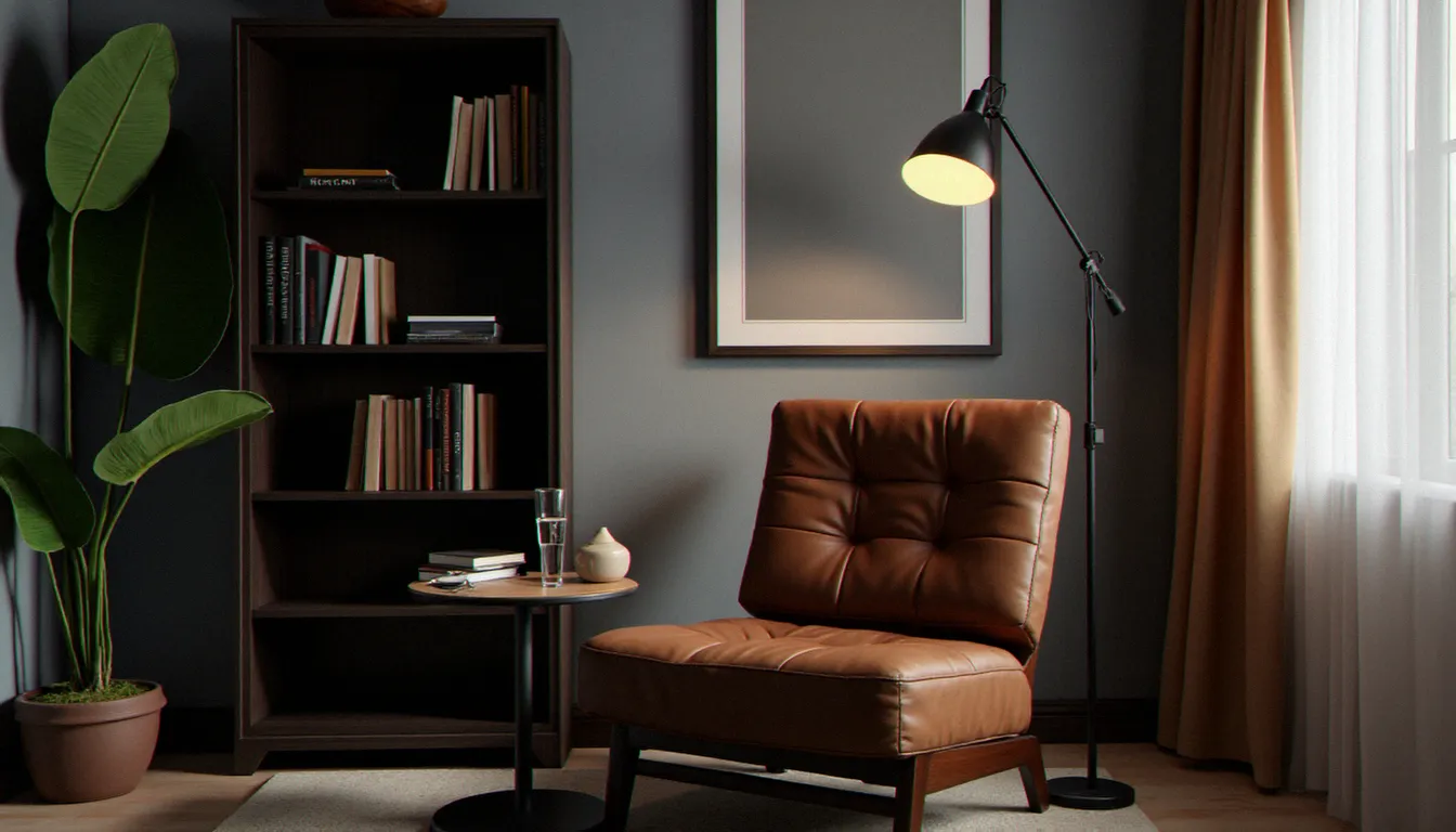 Salle de consultation intimiste avec fauteuil en cuir et bibliothèque, évoquant le cadre d'une dominatrice professionnelle au Mans