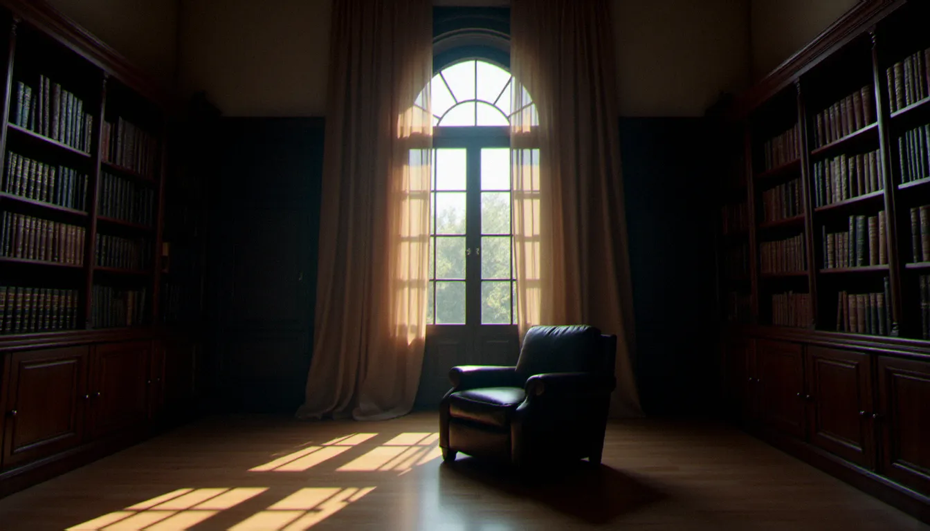Fauteuil en cuir dans une bibliothèque tamisée, évoquant l'espace intérieur et psychologique de la domination professionnelle