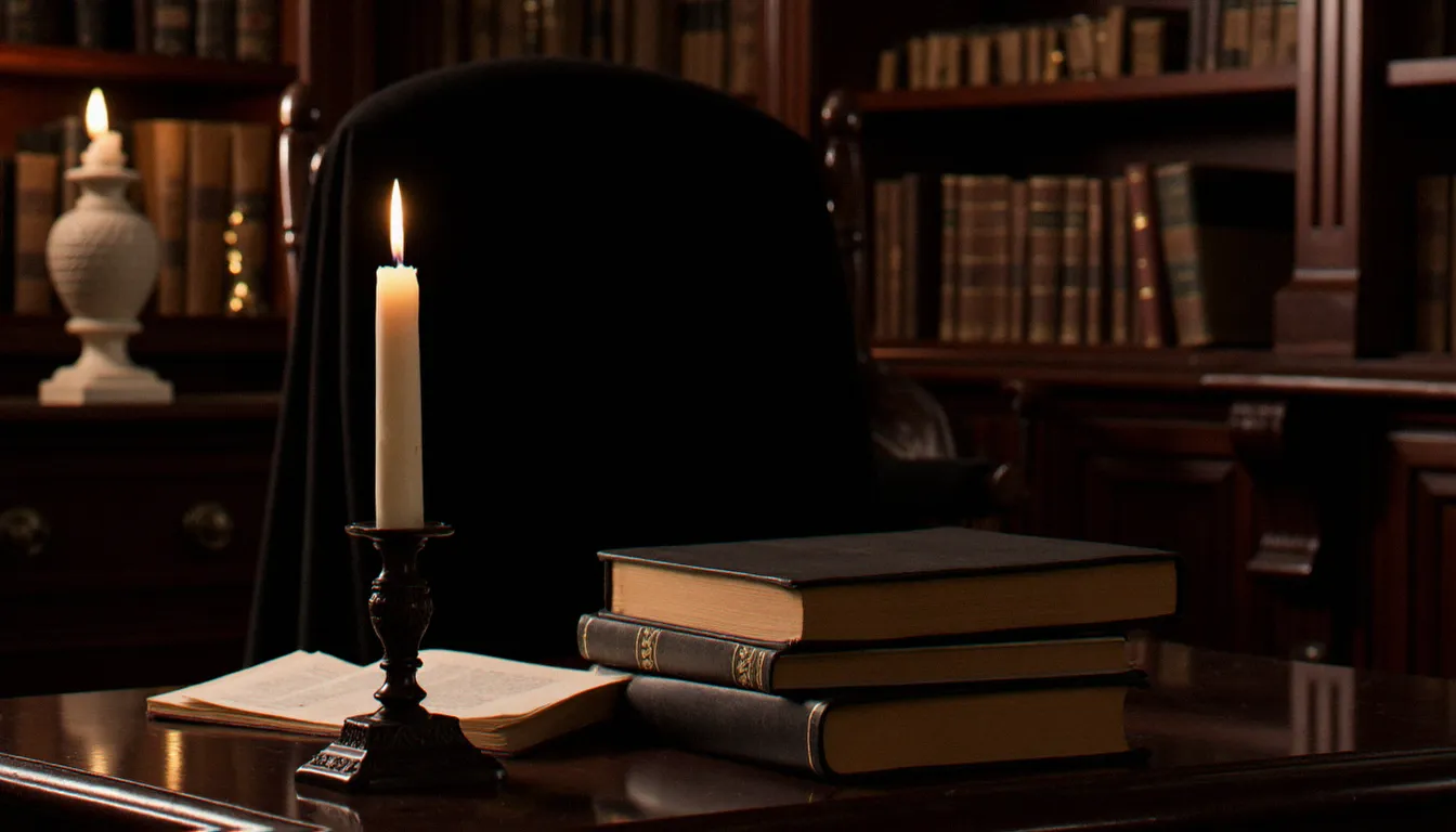 Pièce aux tons sombres avec bougies, livres anciens et tissus de velours noir évoquant l'univers rituel de la domination féminine