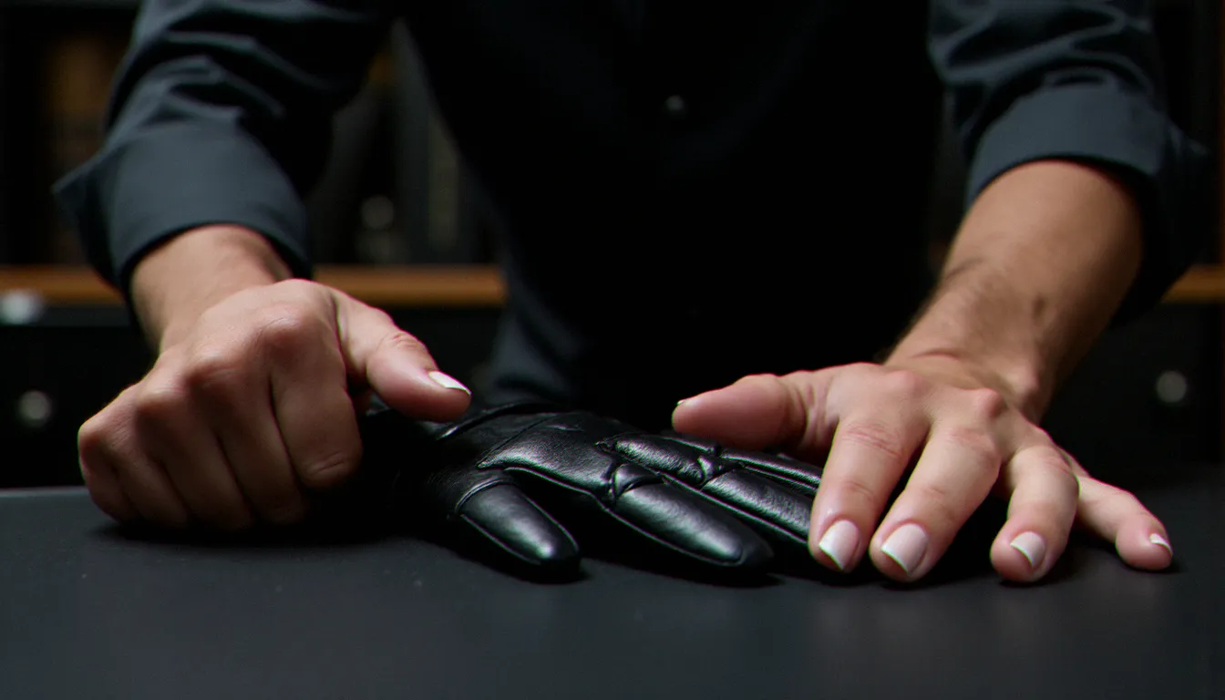 Gros plan de deux mains sur une table, l'une en gant de cuir noir posée sur l'autre, symbolisant la relation de pouvoir consenti entre dominatrice et sujet