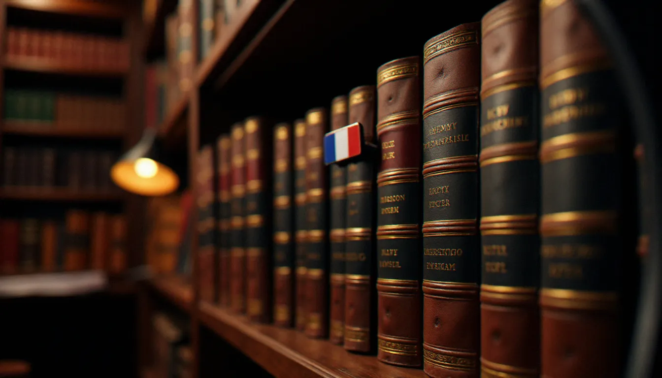 Rangée de livres juridiques français sur une étagère en bois sombre, évoquant le cadre légal encadrant la domination professionnelle en France