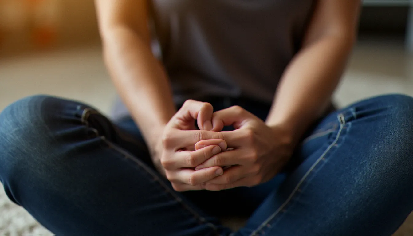 Mains ouvertes posées sur les genoux, symbolisant le lâcher-prise et la confiance dans un contexte de domination consentie