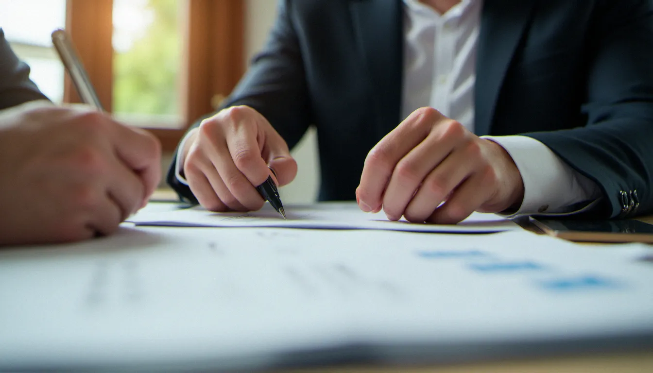 Mains posées sur un bureau lors d'un entretien préalable, illustrant la phase de négociation avec une dominatrice avant une séance