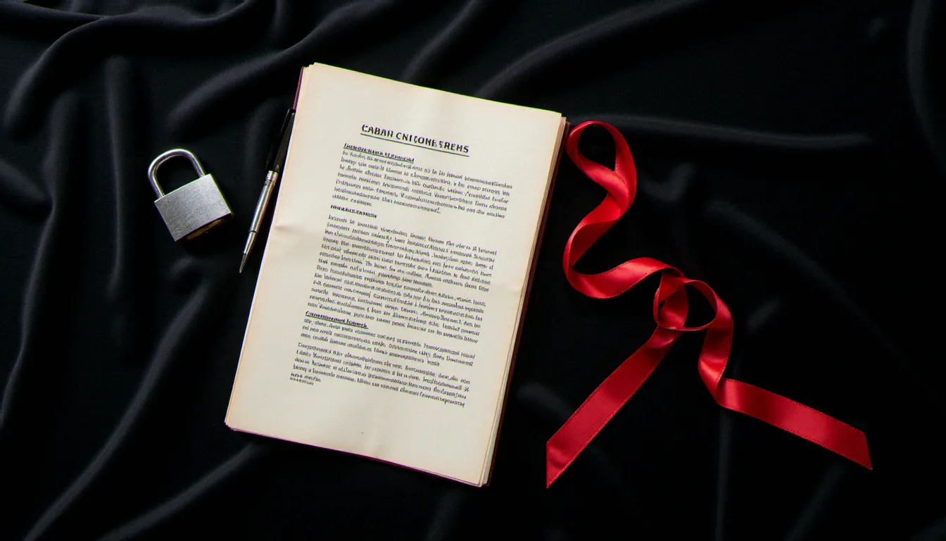 Objets symboliques liés aux protocoles de consentement dans les dynamiques entre dominatrices et soumis : contrat écrit, cadenas, stylo plume et ruban rouge sur velours sombre