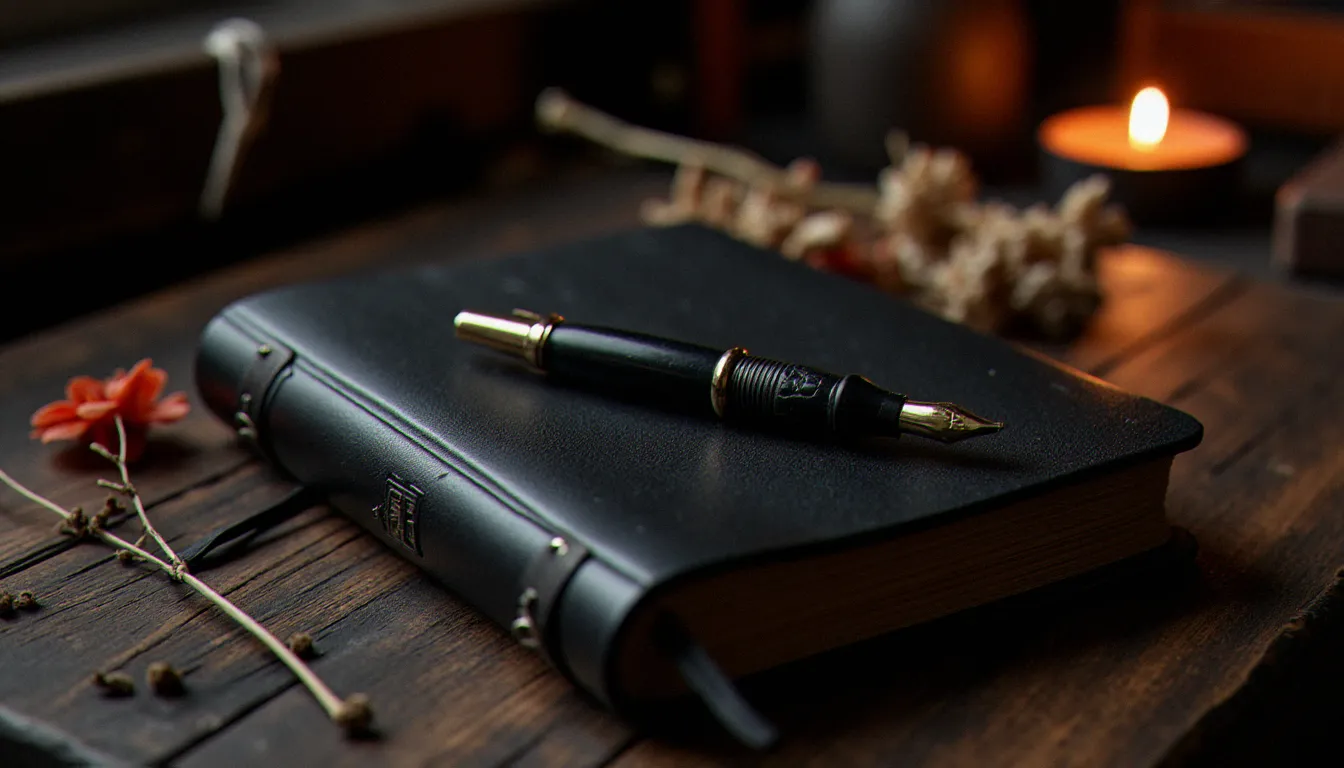 Journal en cuir noir et plume vintage évoquant la psychologie et la culture contemporaine du BDSM