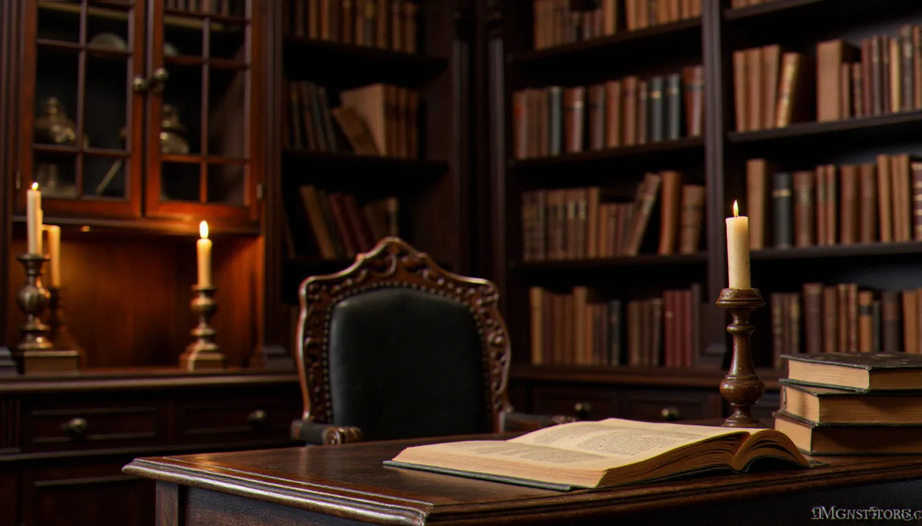 Bibliothèque ancienne évoquant l'histoire du BDSM à travers les siècles, avec bureau en cuir et livres anciens