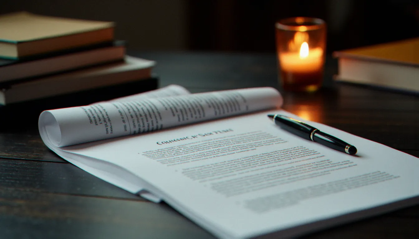 Fiche de consentement manuscrite et règlement d'événement BDSM sur un bureau, symbolisant la préparation rigoureuse avant un marché aux esclaves