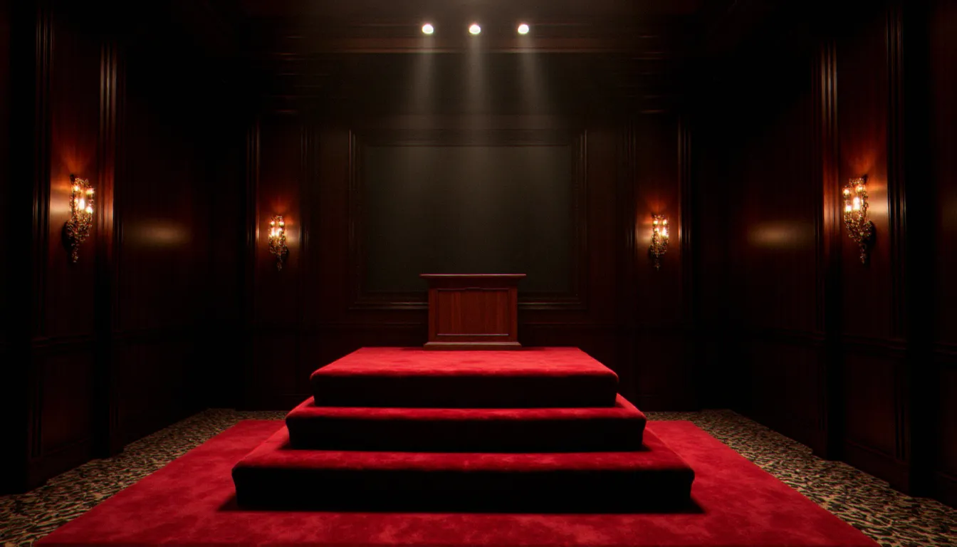 Salle privée élégante avec éclairage tamisé et estrade symbolique rappelant l'atmosphère d'un marché aux esclaves BDSM ritualisé