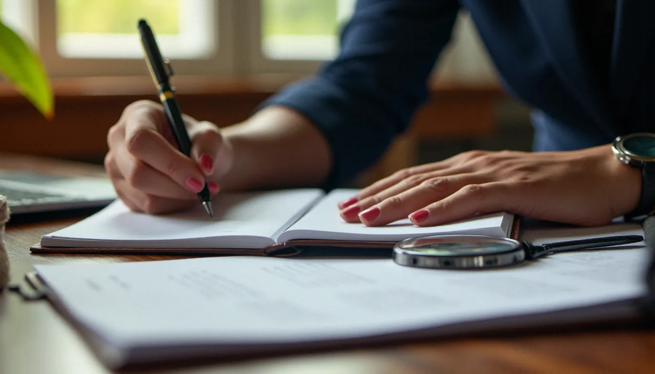 Mains prenant des notes dans un carnet en cuir sur un bureau en bois, illustrant l'évaluation des critères de sélection d'une plateforme BDSM