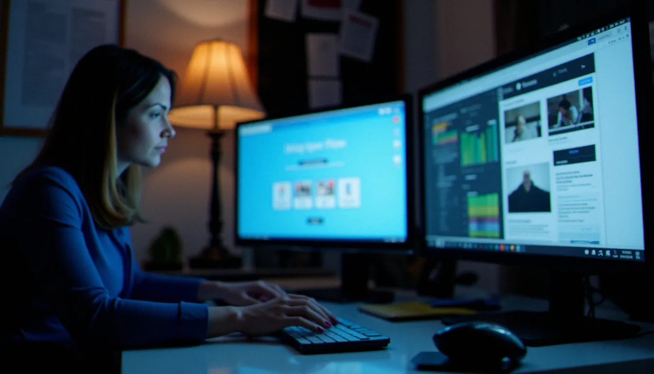 Deux écrans côte à côte affichant des interfaces web floutées dans un bureau minimaliste, illustrant la comparaison entre plateformes de contenu et communautés BDSM