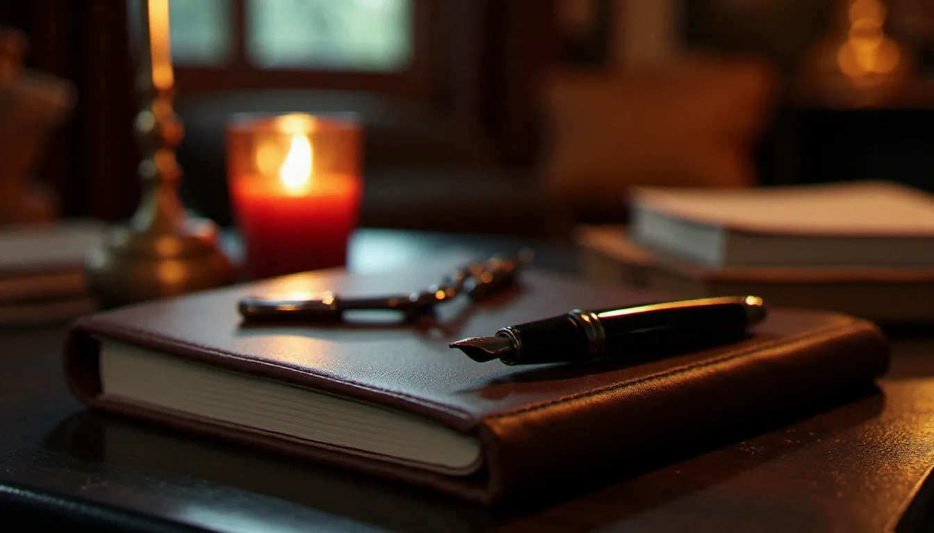 Carnet en cuir et stylo plume sur un bureau en bois sombre à la lueur d'une bougie, évoquant la négociation et la mise par écrit des limites avant une rencontre