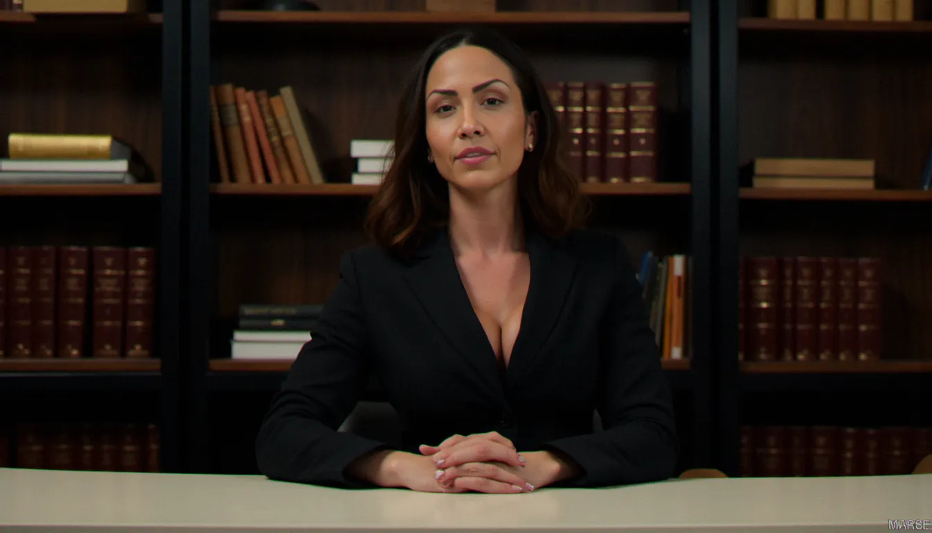 Femme en costume sombre assise à un bureau dans un bureau sobre et élégant, illustrant la recherche d'une femme dominatrice professionnelle