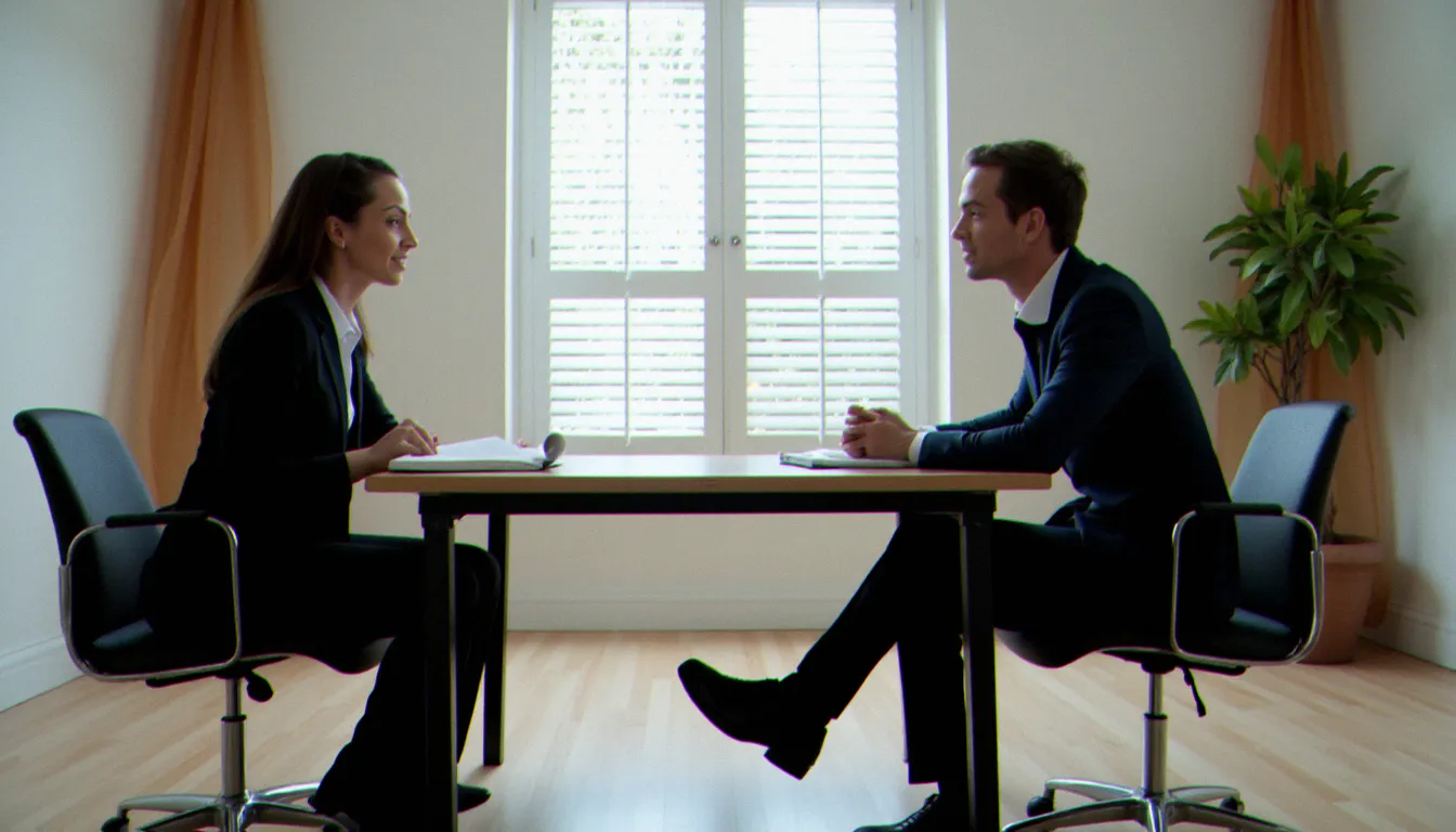 Deux personnes adultes en conversation posée autour d'une table, illustrant la phase de négociation préalable à une rencontre femdom