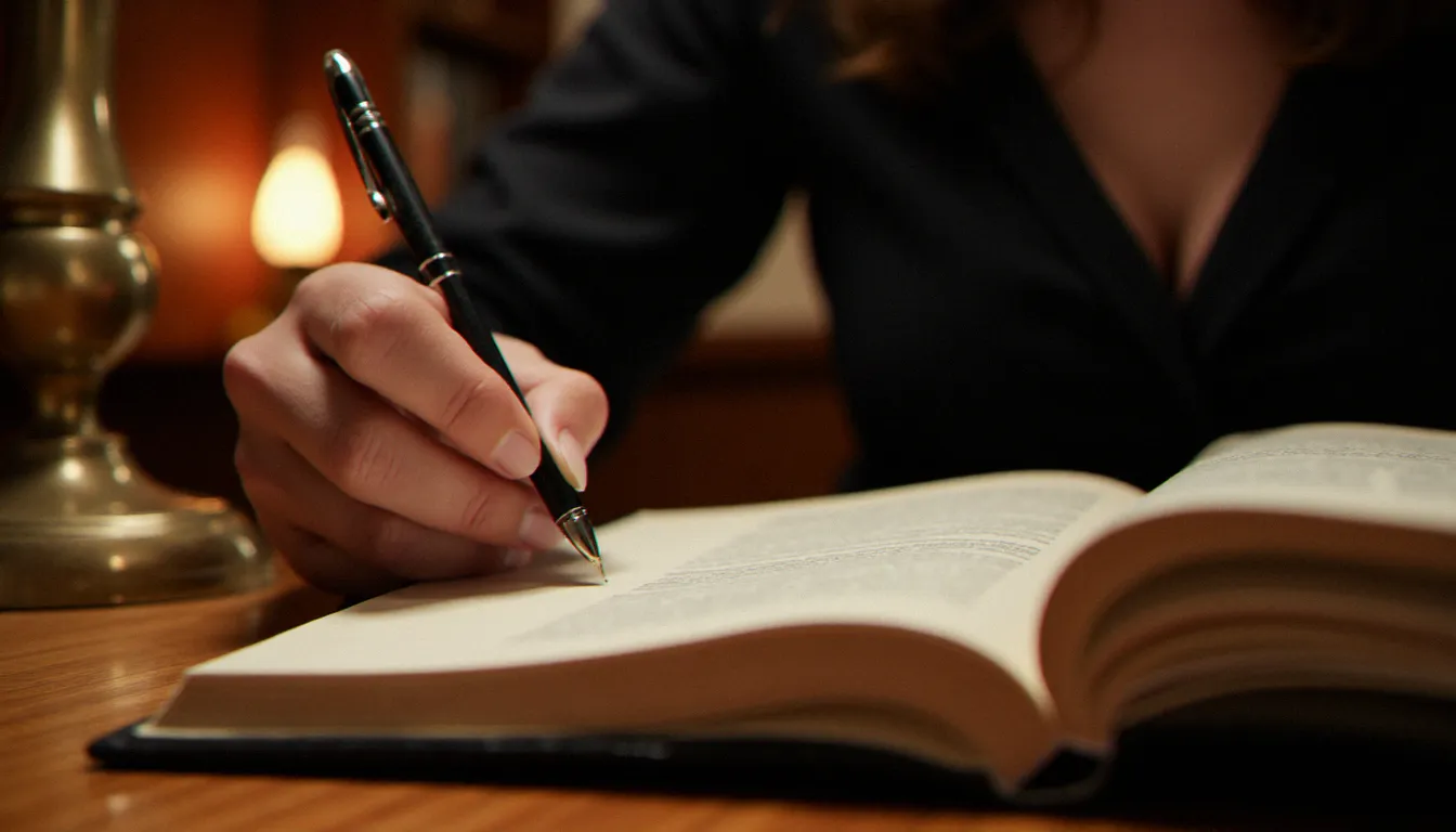 Main de femme écrivant dans un journal relié en cuir à la lumière d'une lampe, symbolisant la réflexion psychologique autour des dynamiques de pouvoir consenties