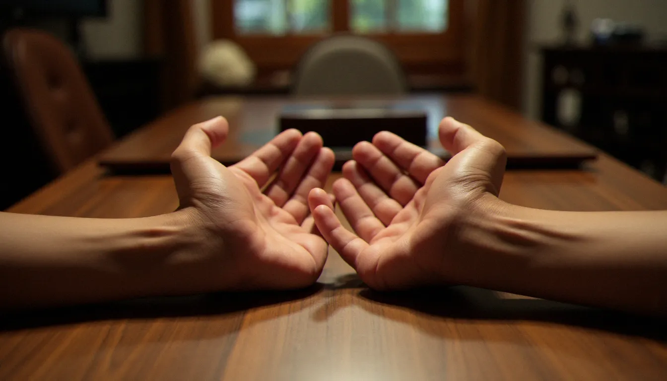 Deux mains ouvertes posées sur une table en bois symbolisant le consentement mutuel, fondement de toute pratique BDSM responsable