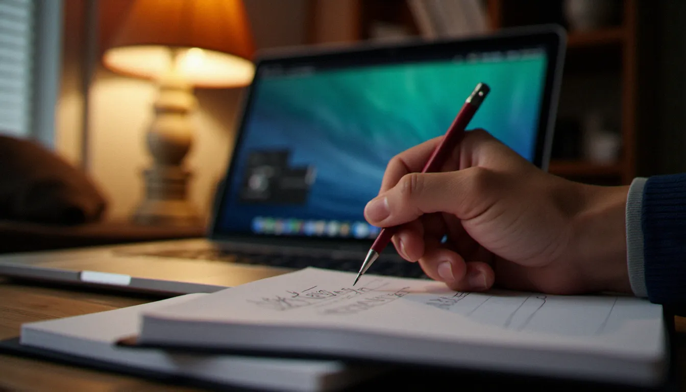 Bureau épuré avec carnet de notes ouvert et écran d'ordinateur flou évoquant la navigation sur un site BDSM gratuit de façon sobre et studieuse